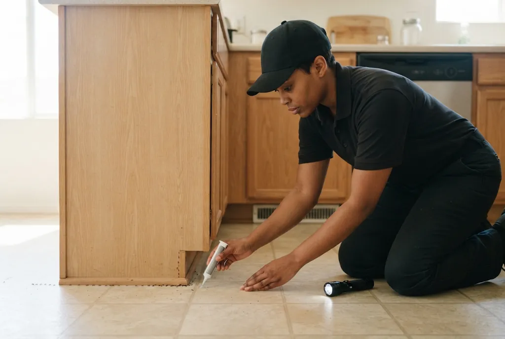Whiptail technician placing ant bait along a kitchen baseboard in a Las Vegas home