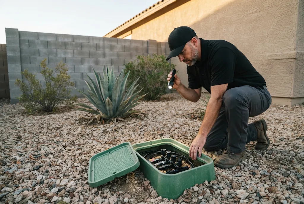 Whiptail technician inspecting an irrigation box beside a Las Vegas home for cockroaches