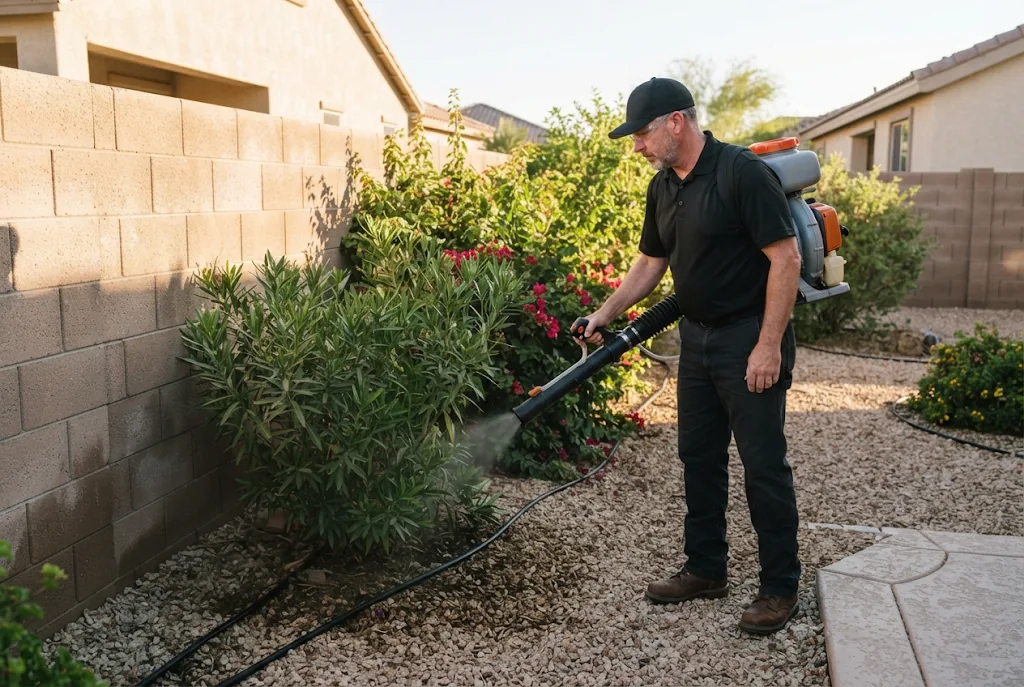 Whiptail technician treating shady shrubs in a Las Vegas backyard for mosquitoes