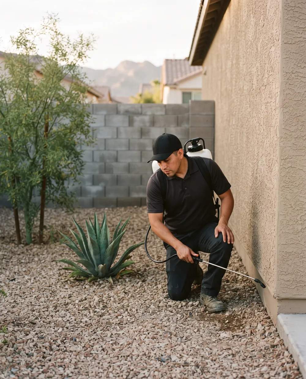 Whiptail technician treating the foundation of a stucco home in Las Vegas