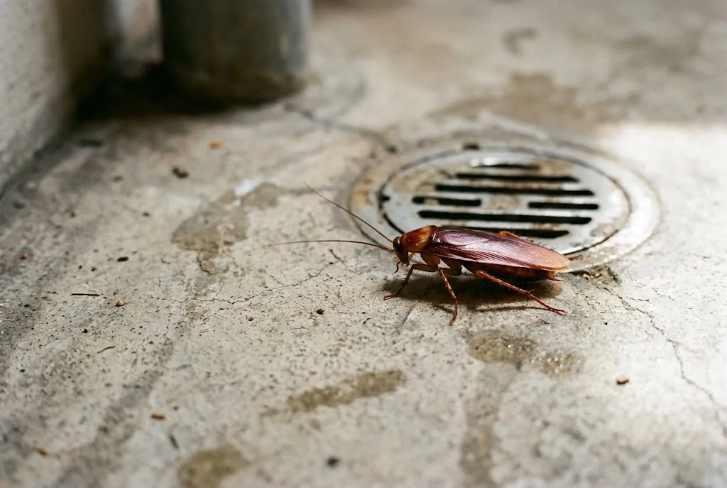 An American cockroach on a concrete floor beside a floor drain