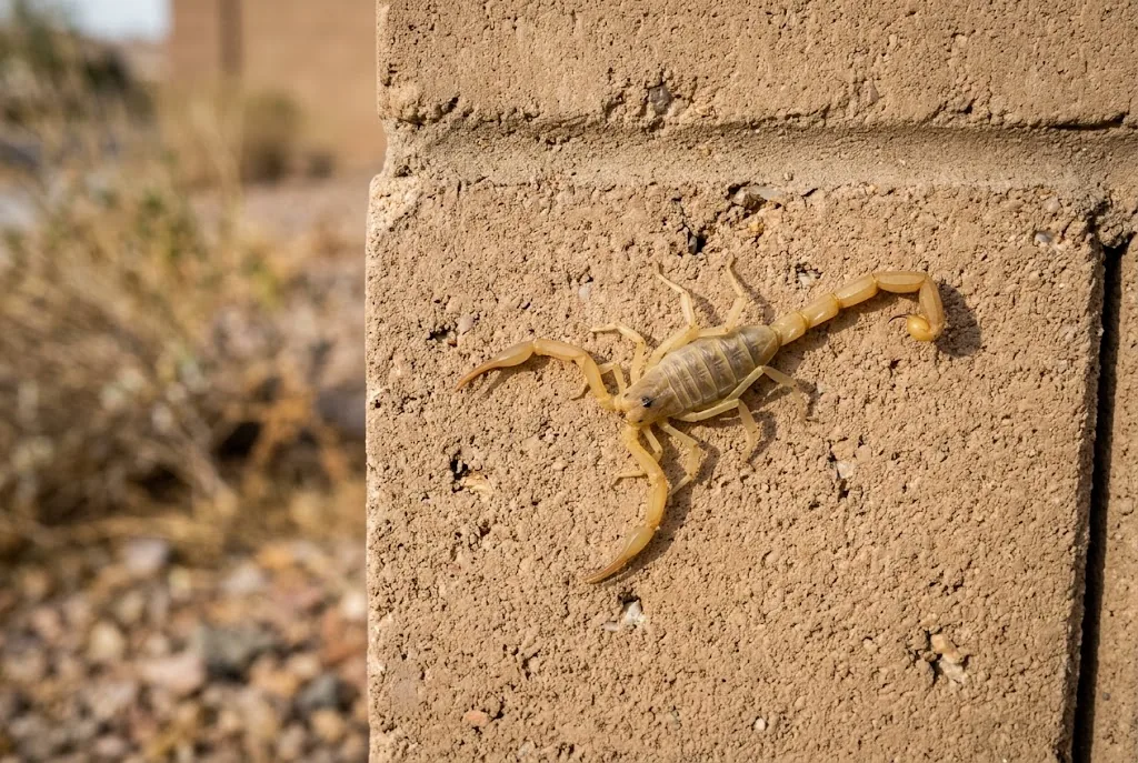 Close up photo of an Arizona bark scorpion on a stone wall in Las Vegas