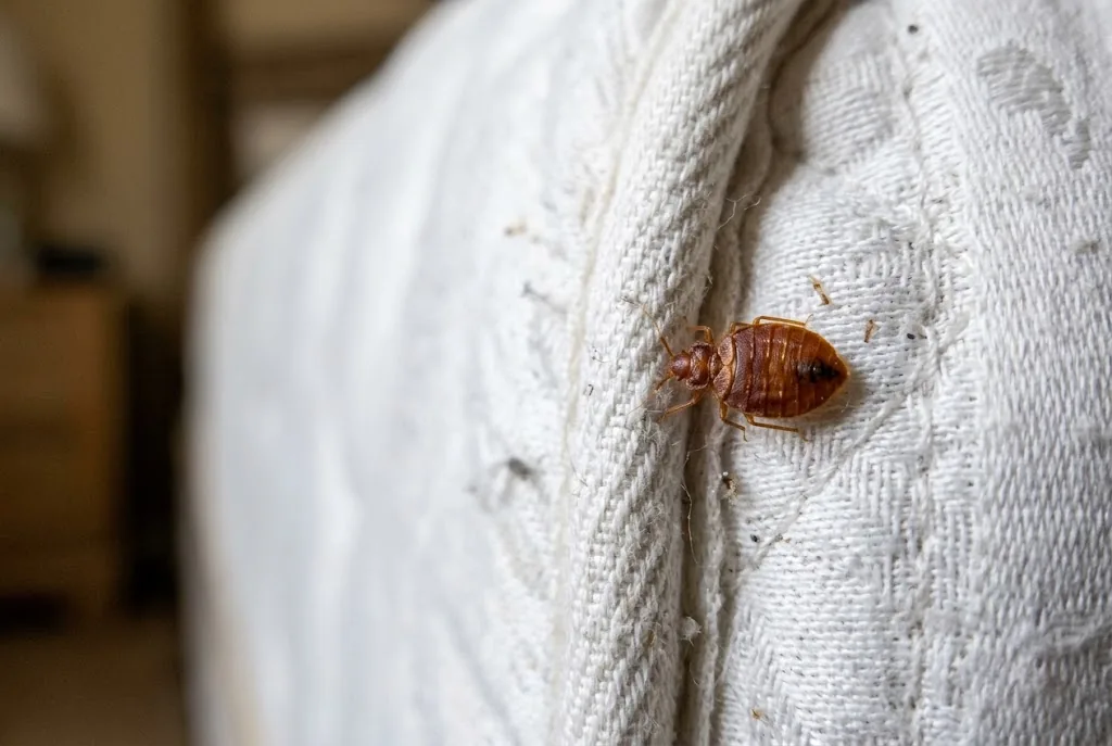 An adult bed bug on the seam of a white mattress