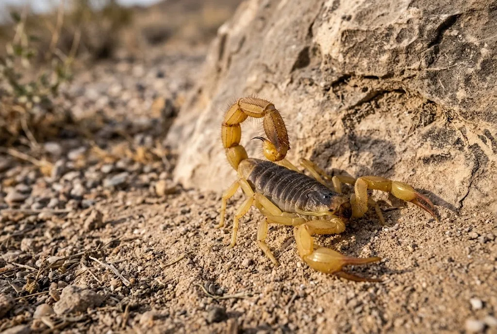 A giant desert hairy scorpion on desert sand beside a rock