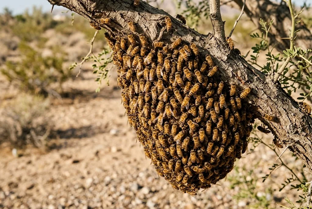 A honey bee swarm hanging from a desert tree branch