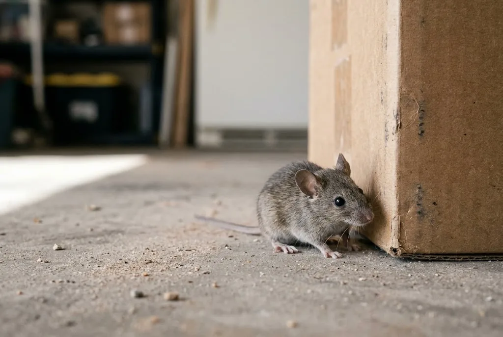 A grey-brown house mouse beside a cardboard box on a garage floor