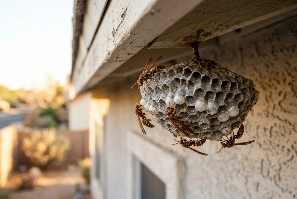 Paper wasps on their grey paper nest under a roof eave