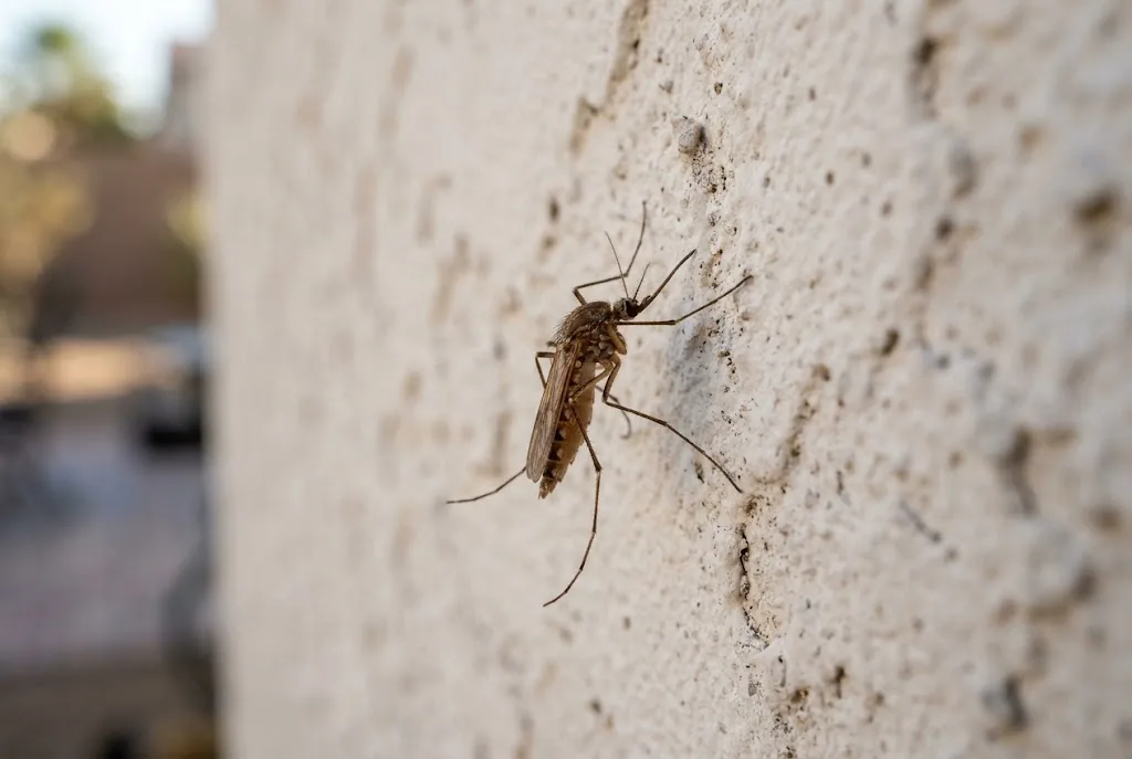 A southern house mosquito resting on a pale stucco wall