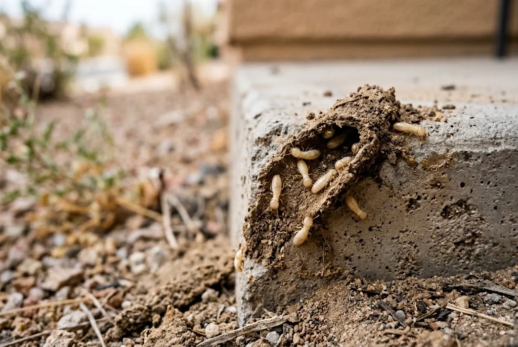 Subterranean termite workers in a broken mud tube on a concrete foundation