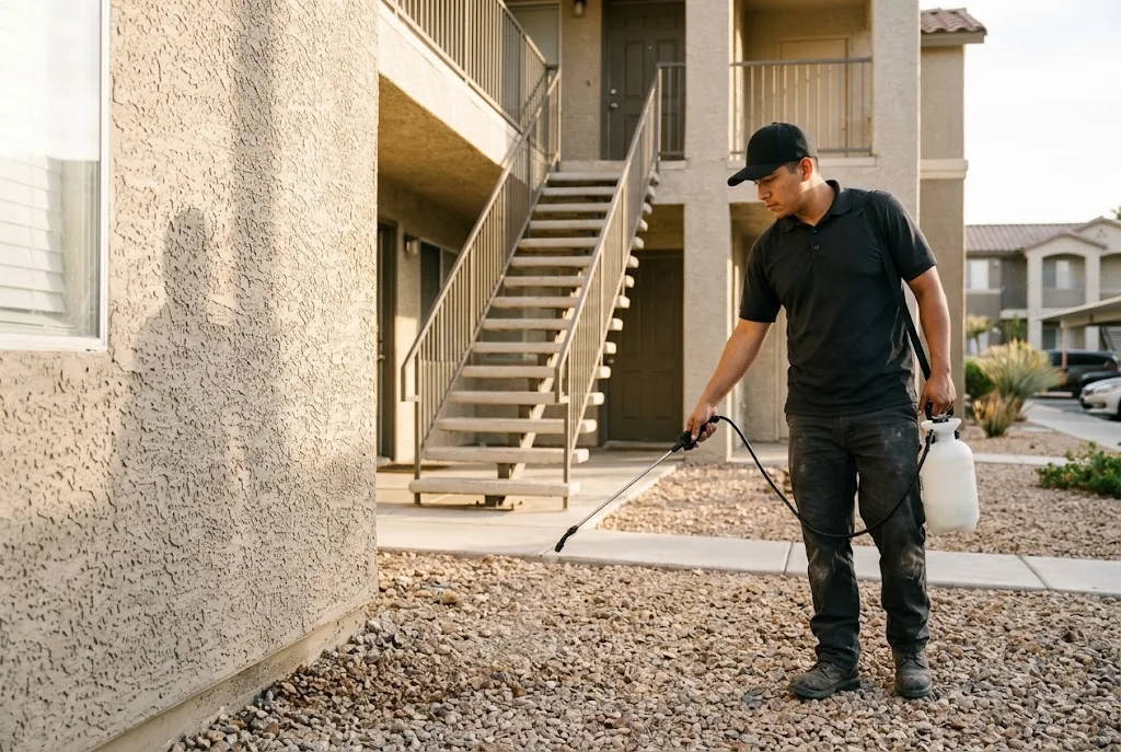 Whiptail technician treating the exterior of a two-story apartment building