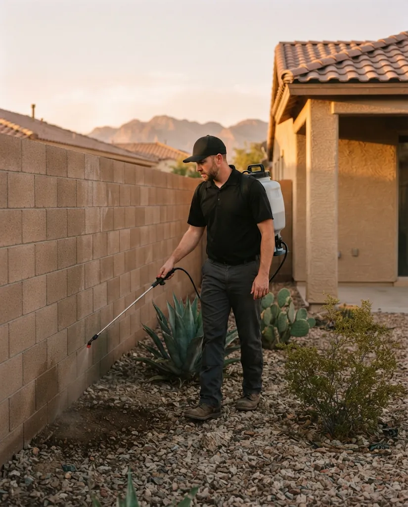 Whiptail technician treating the base of a backyard block wall at sunset in Las Vegas