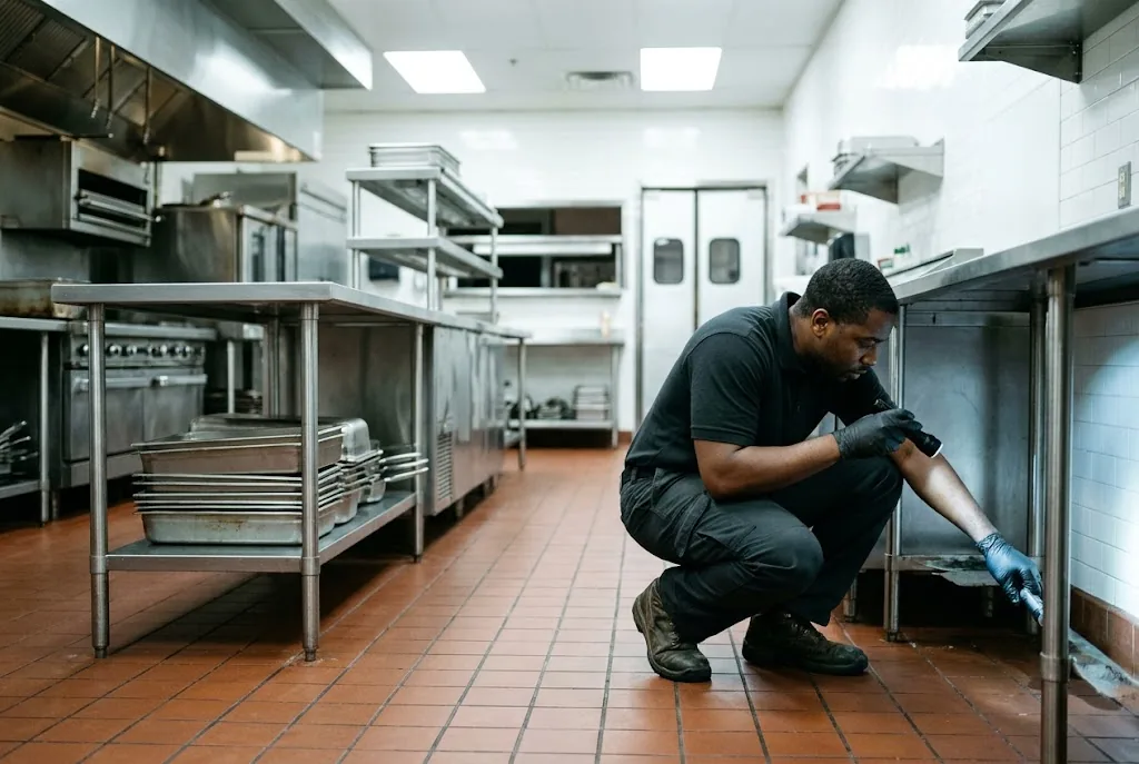 Whiptail technician inspecting under stainless steel prep tables in a restaurant kitchen after closing
