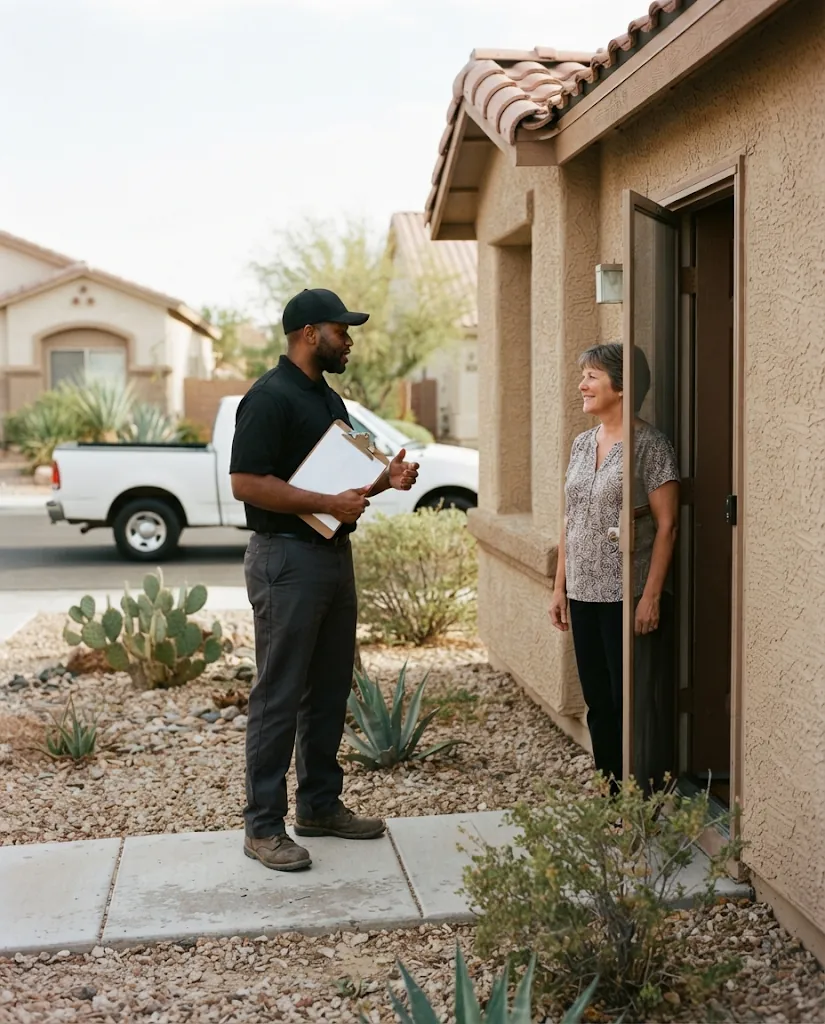 Whiptail technician talking with a homeowner at her front door in Las Vegas