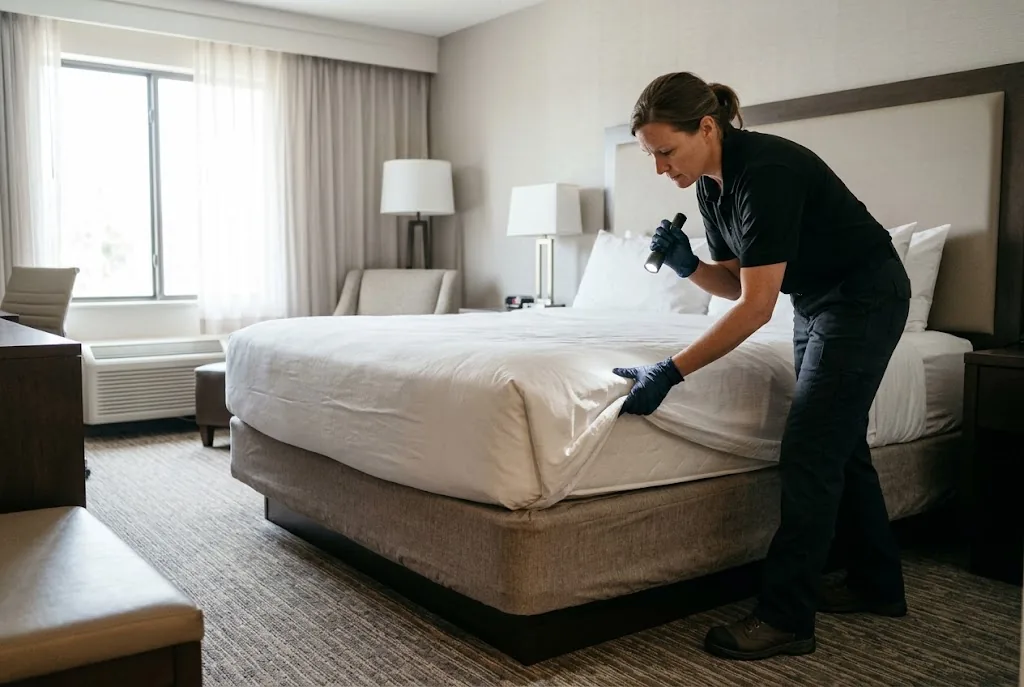 Whiptail technician inspecting a hotel room bed frame with a flashlight