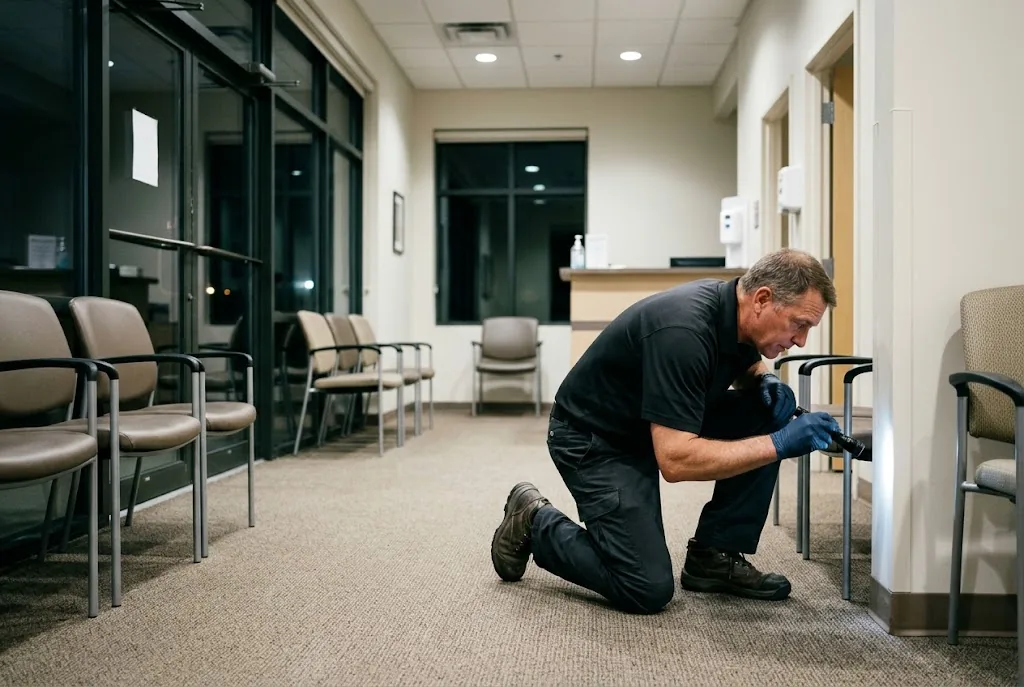 Whiptail technician checking a baseboard in an empty clinic waiting room after hours