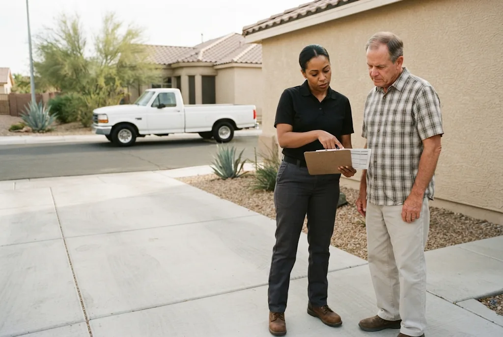 Whiptail technician going over a service report with a homeowner on the driveway