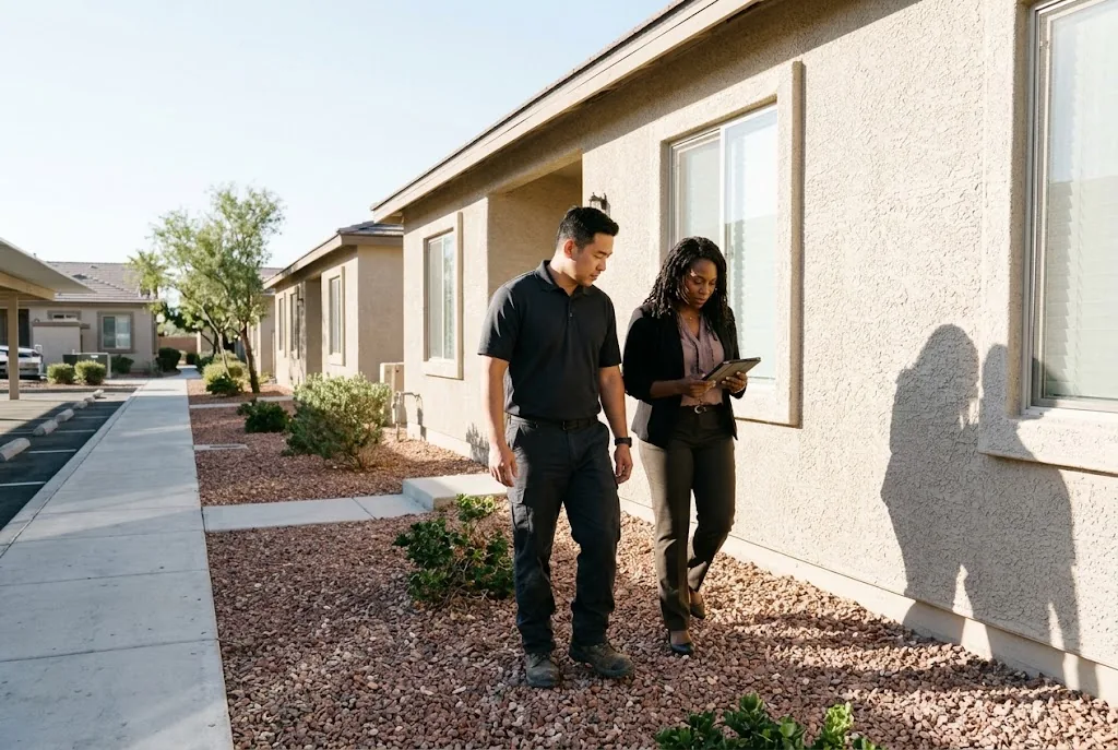 Whiptail technician walking a rental property with a property manager