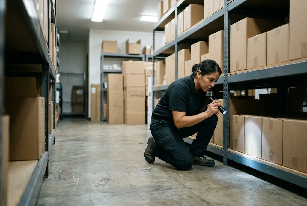 Whiptail technician inspecting shelving in a retail stockroom before opening