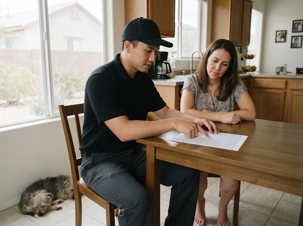Whiptail technician going over written preparation instructions with a homeowner at her kitchen table