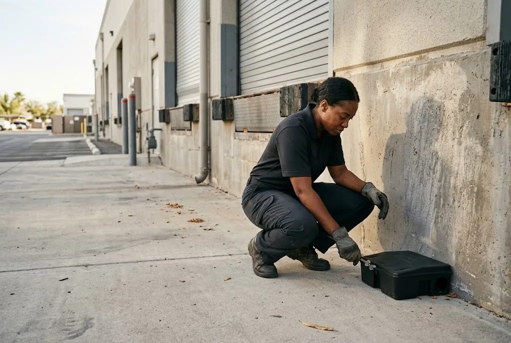 Whiptail technician checking a locked rodent bait station beside a warehouse loading dock