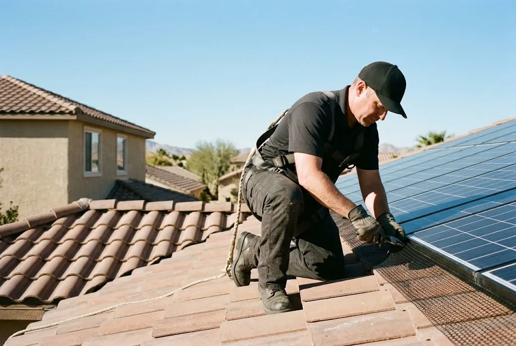 Whiptail technician fitting mesh screening around rooftop solar panels