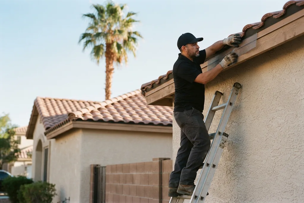 Whiptail technician sealing a gap at the roofline of a stucco home with steel mesh