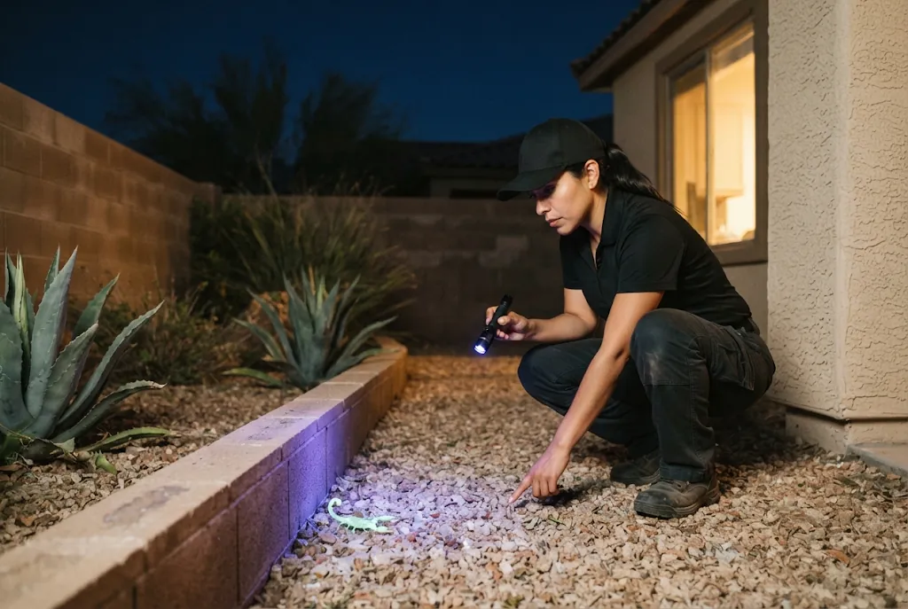 Whiptail technician checking a backyard block wall with an ultraviolet light at night