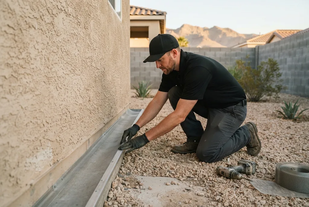 Technician installing door sweep and inspecting weep screed gaps on Las Vegas slab foundation