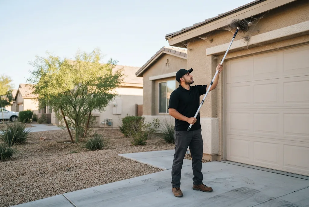 Whiptail technician brushing spider webs from the eaves above a Las Vegas garage