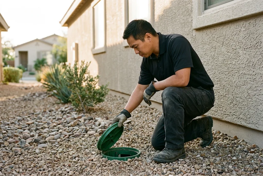 Whiptail technician checking an in-ground termite monitoring station beside a stucco home