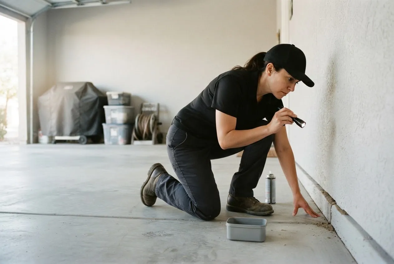 Whiptail technician checking a garage slab joint for termite mud tubes with a flashlight