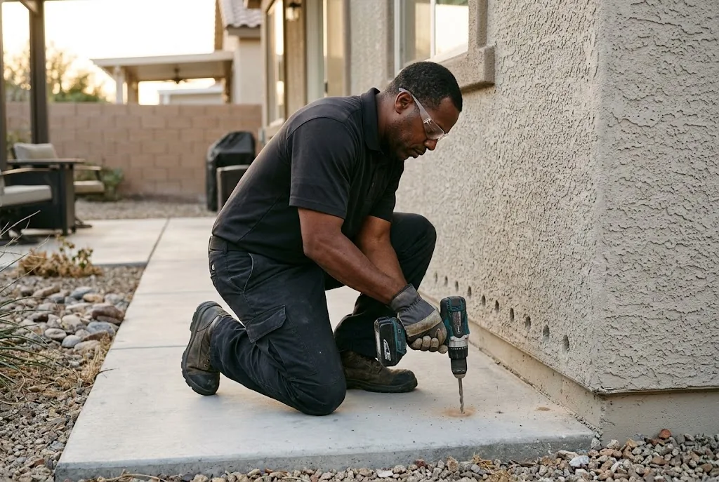 Whiptail technician drilling a patio slab for a termite treatment