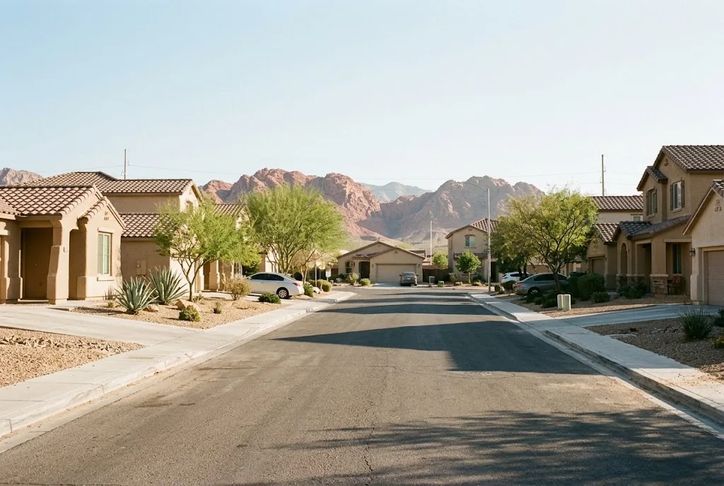 Desert-landscaped front yards on a residential street with red rock hills behind
