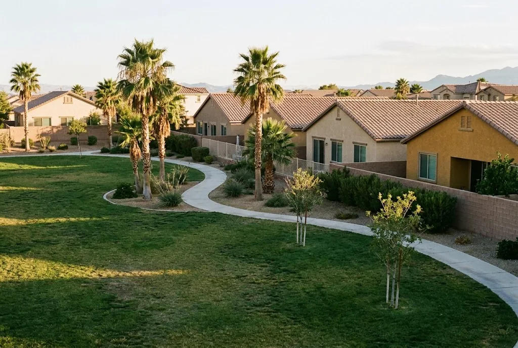 A neighborhood park with palm trees in front of single-story stucco homes