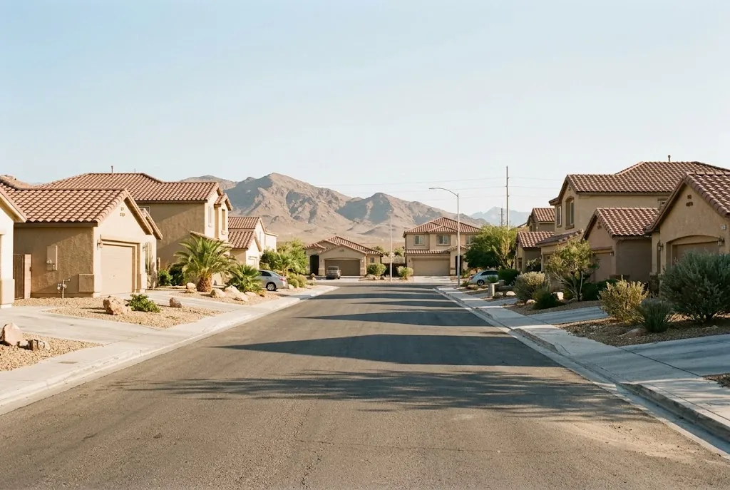 Stucco homes with tile roofs below the desert mountains at the edge of the valley