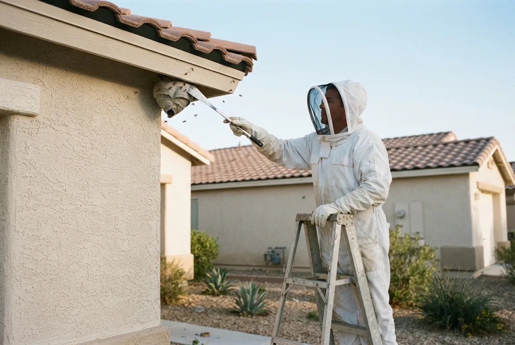 Whiptail technician in a protective suit removing a wasp nest from a roof eave