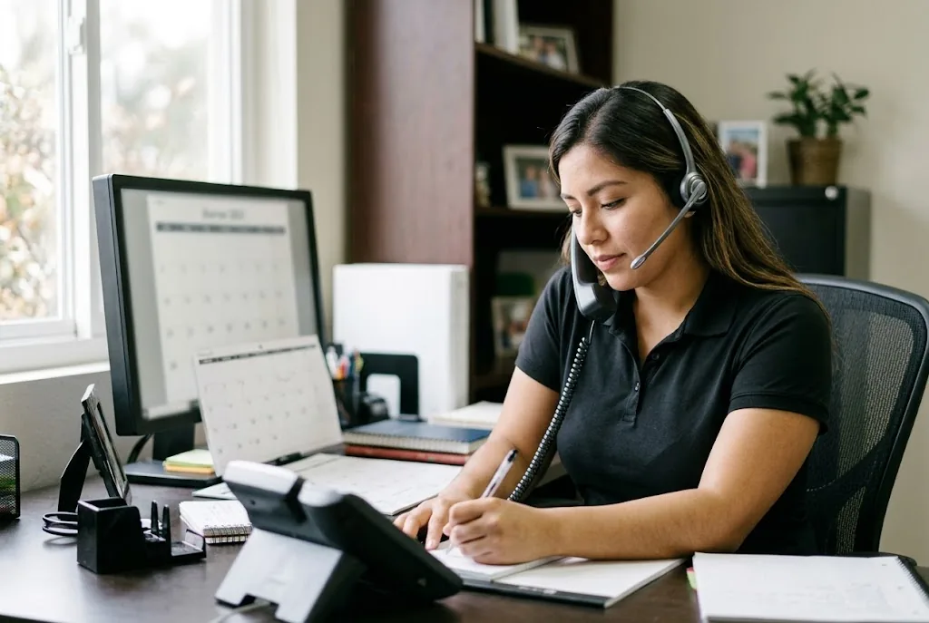 Whiptail office scheduler answering the phone at her desk