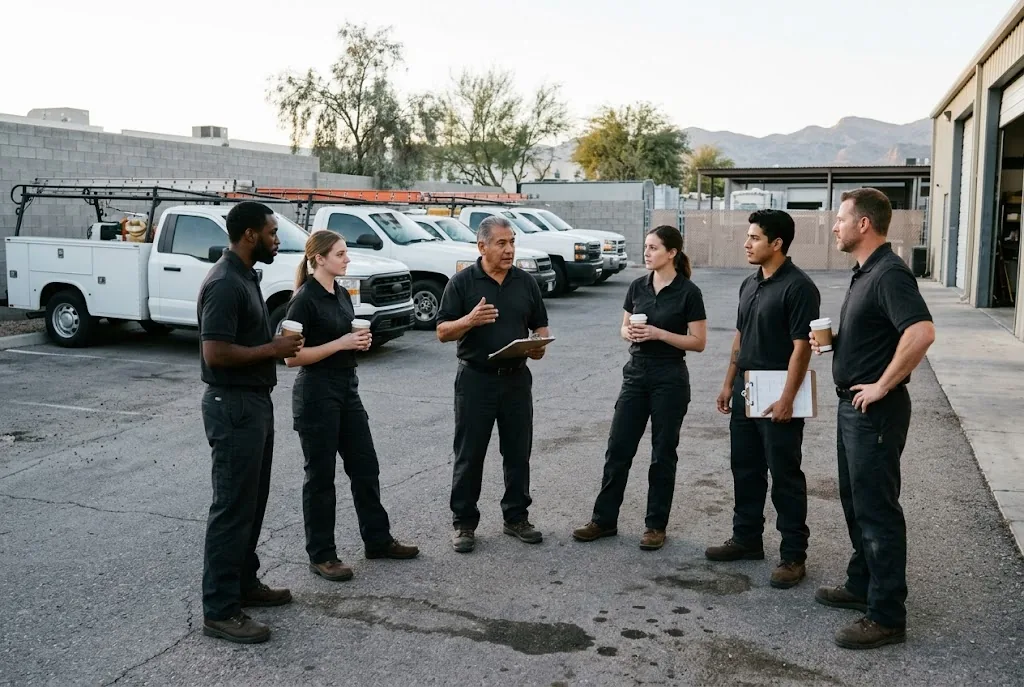Whiptail technicians gathered beside their trucks for the morning briefing